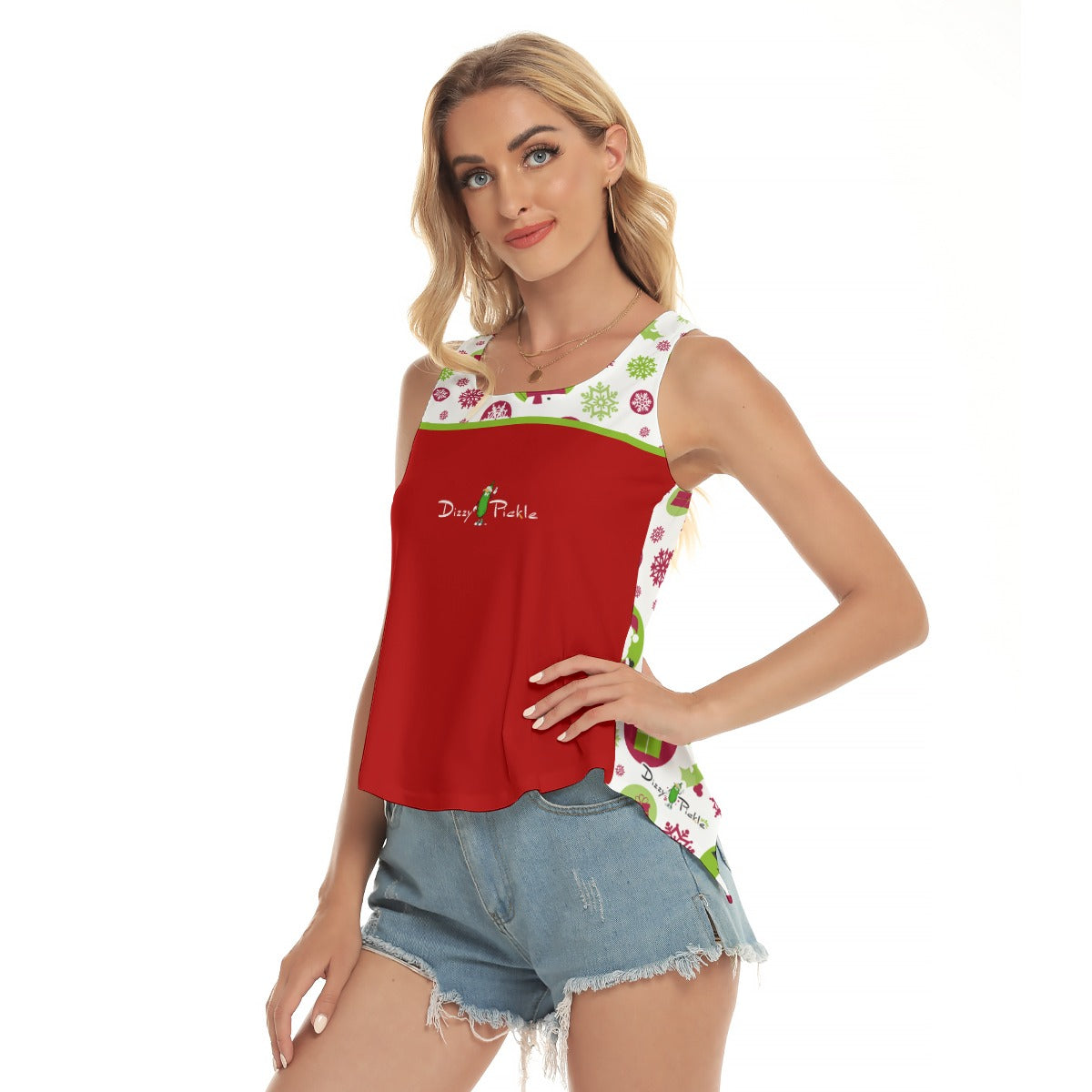 Dizzy Pickle Christmas Magic Red_Green Women's Pickleball Open-Backed Sleeveless Tank Top