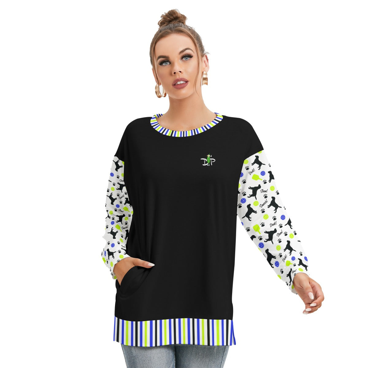 Dizzy Pickle Connie Black Women's Pickleball Side Split O-Neck Sweatshirt