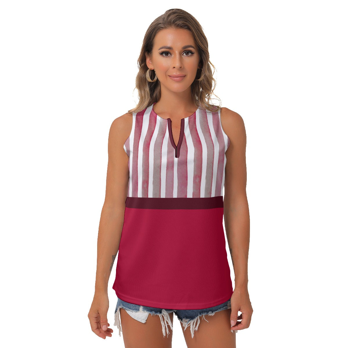 Heidi - RW - Stripes/Red - Women's Pickleball Sleeveless V-Neck Top by Dizzy Pickle