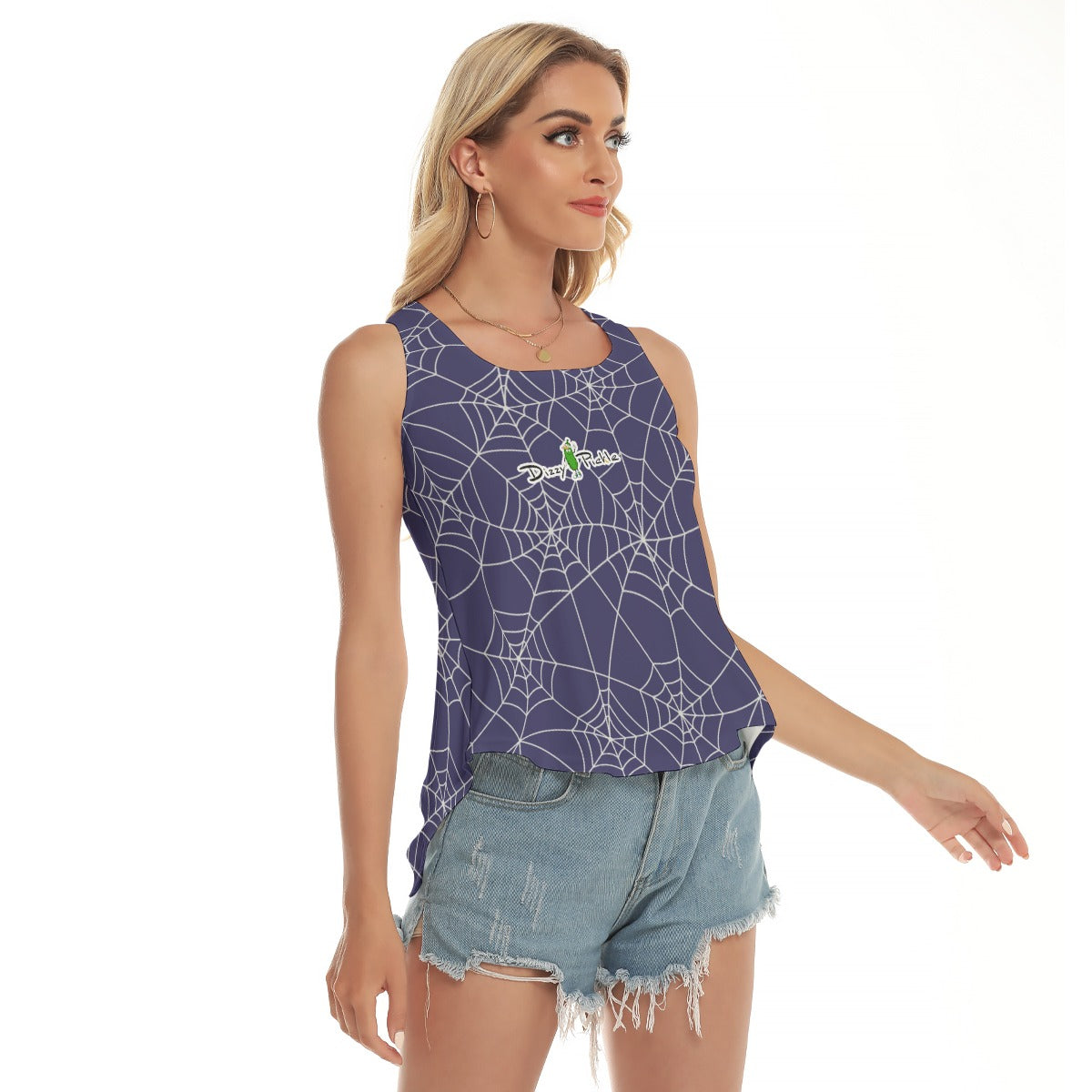 Dizzy Pickle Halloween White Webs Smokey Blue Women's Pickleball Open-Backed Sleeveless Tank Top