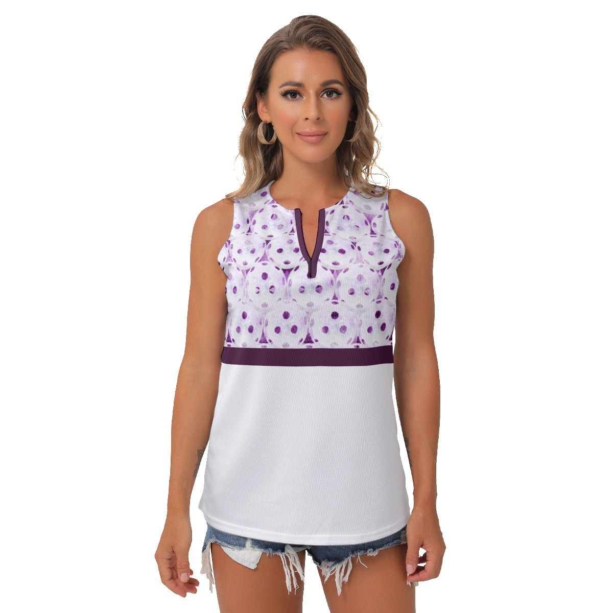 Heidi -MW - Balls/White - Women's Pickleball Sleeveless V-Neck Top by Dizzy Pickle