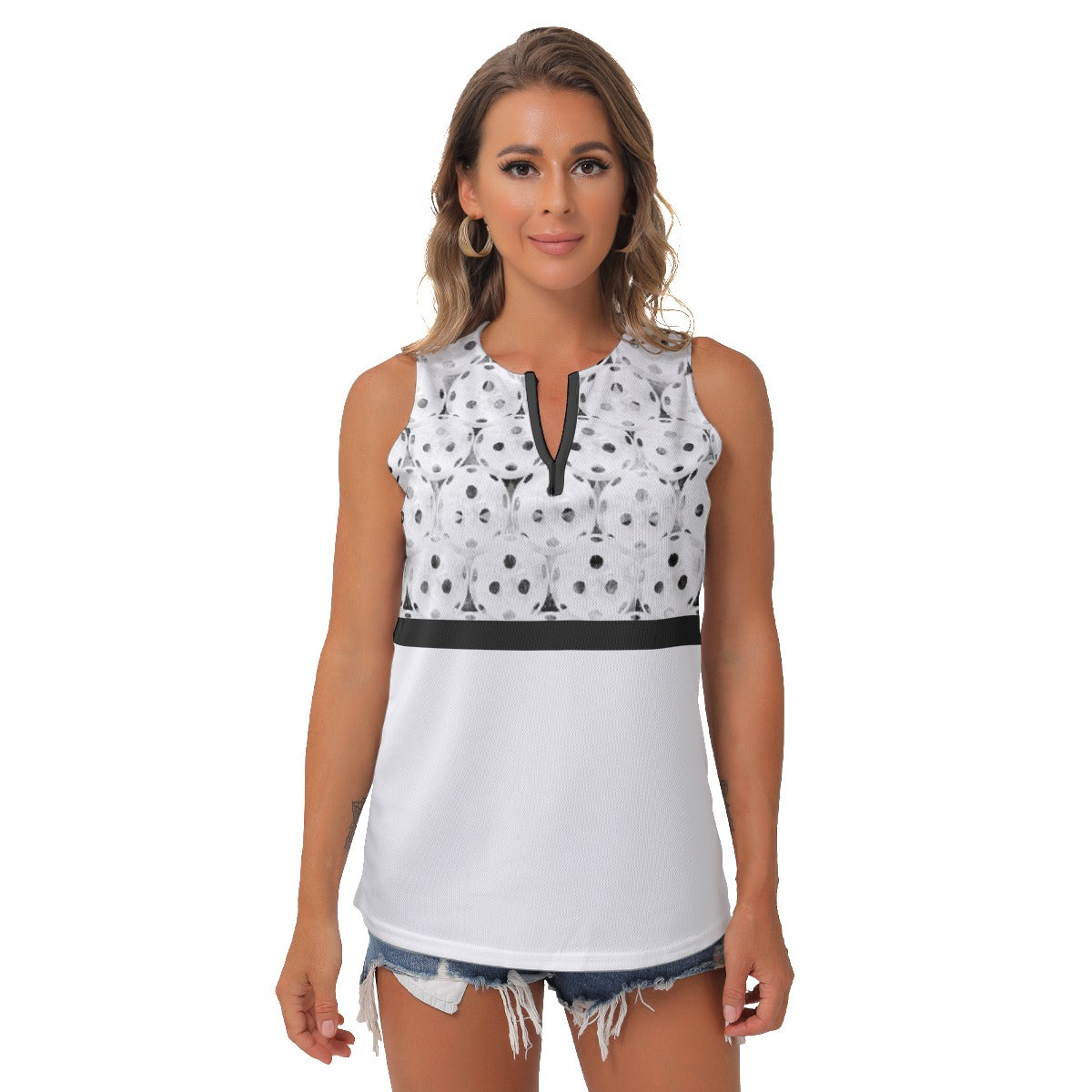 Heidi - BKW - Balls/White - Women's Pickleball Sleeveless V-Neck Top by Dizzy Pickle