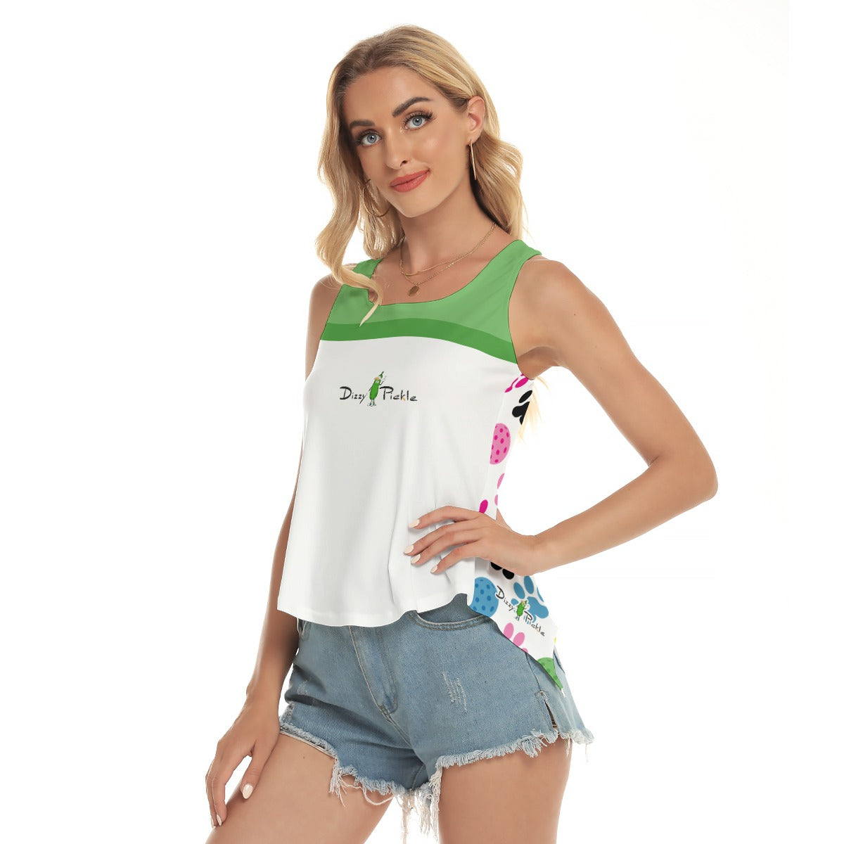 Dizzy Pickle Sassy White Green Women's Pickleball Open-Backed Sleeveless Tank Top