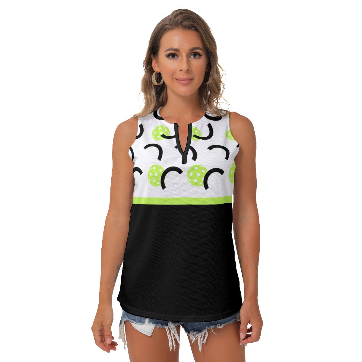 Dizzy Pickle Believe White Black Women's Pickleball Sleeveless V-Neck Top