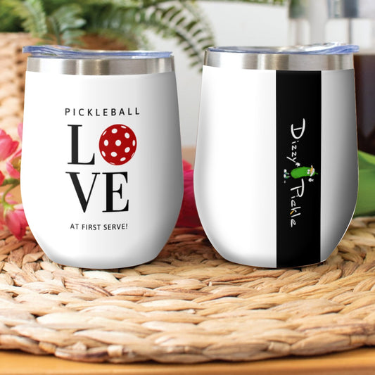 Pickleball Love at First Serve - Red/White/Black - Stainless Steel Wine Tumbler by Dizzy Pickle