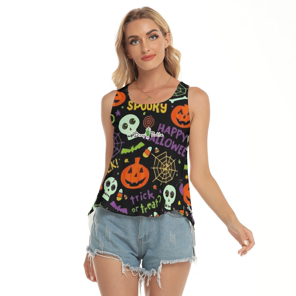 Dizzy Pickle Halloween Trick or Treat Black Women's Pickleball Open-Backed Sleeveless Tank Top