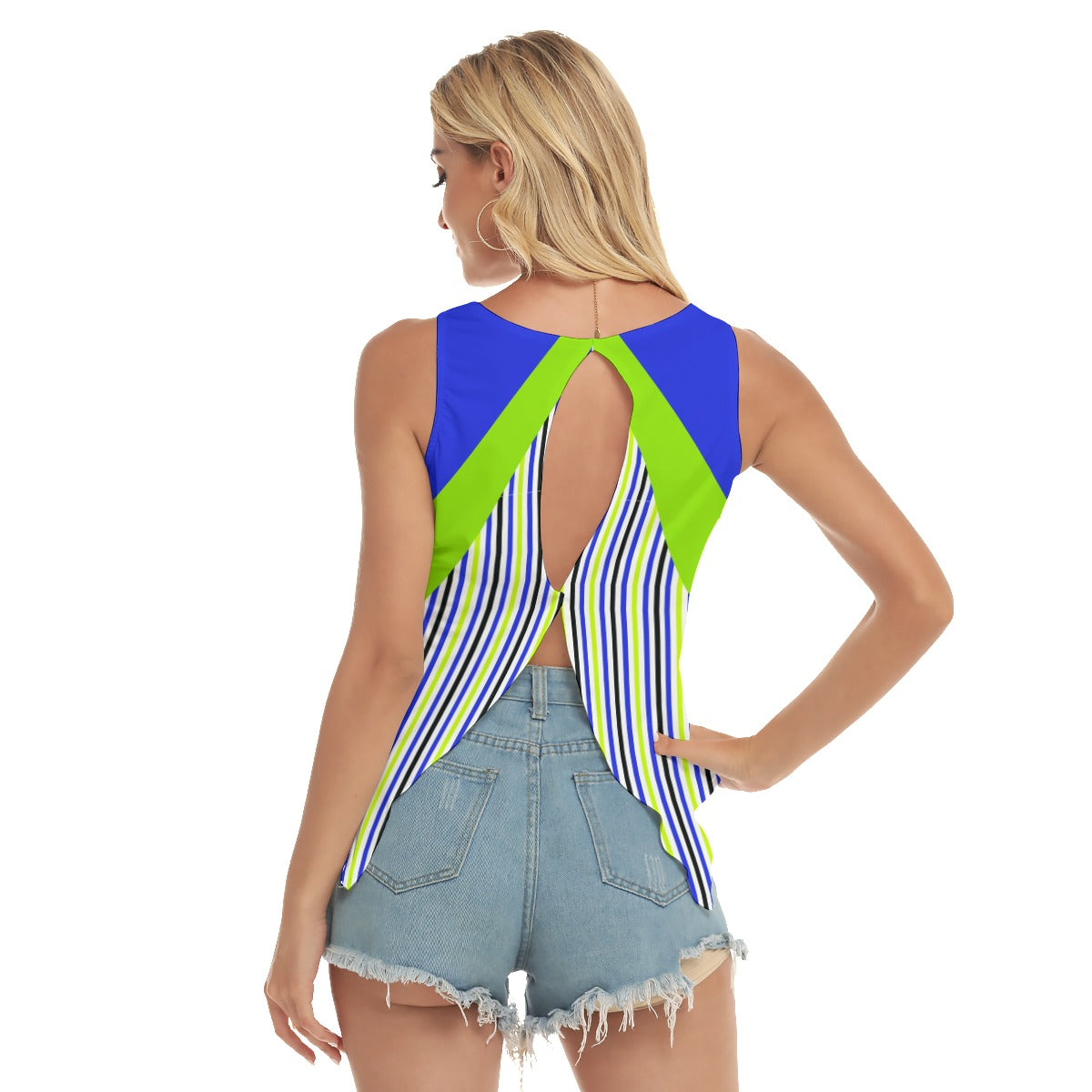 Dizzy Pickle Connie Cobalt_Green_Stripes Women's Pickleball Open-Back Tank Top