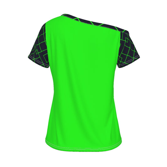 Lisa - Green/Navy Blue - Women's Pickleball Off-The-Shoulder Sport T-Shirt by Dizzy Pickle