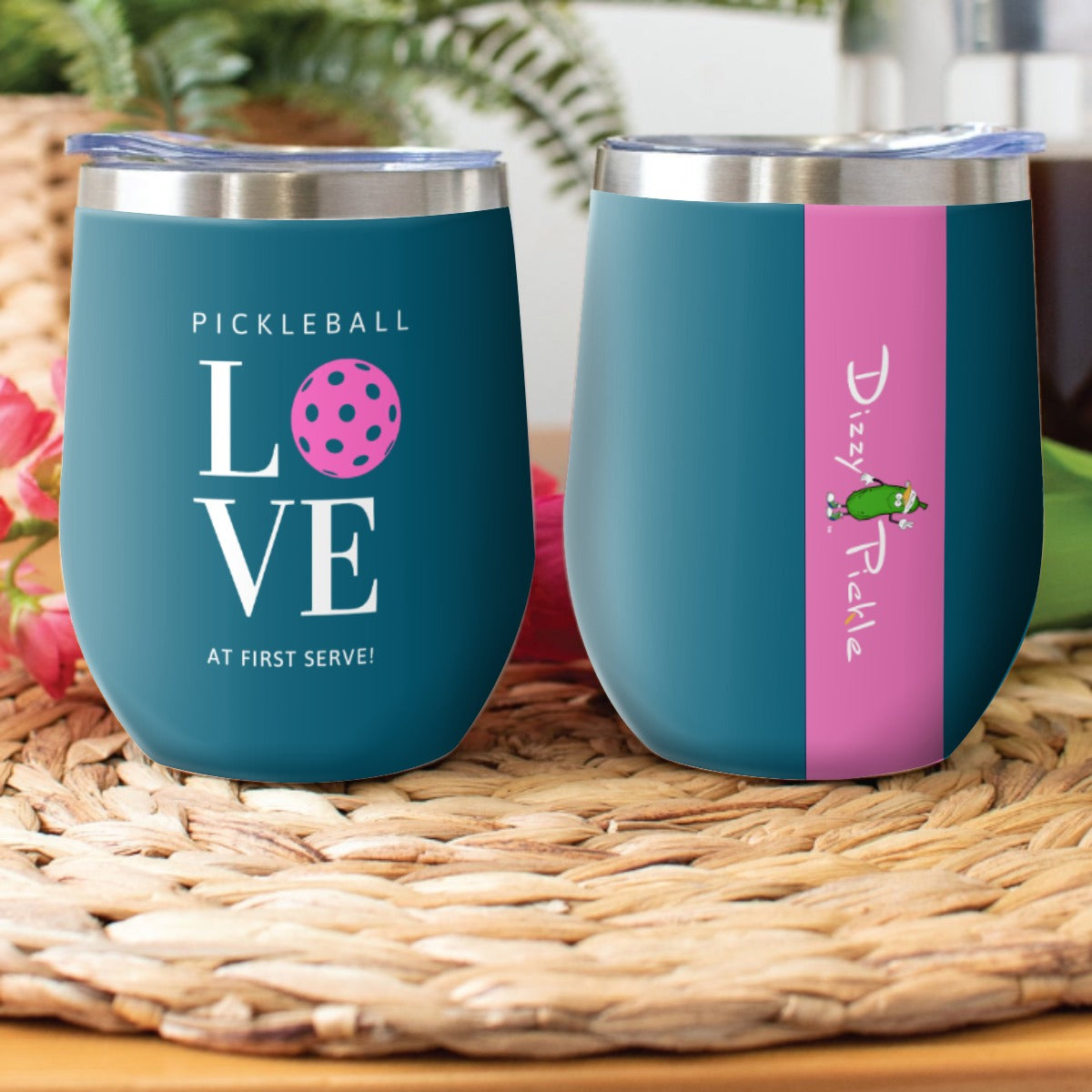 Pickleball Love at First Serve - Pink/Teal - Stainless Steel Wine Tumbler by Dizzy Pickle