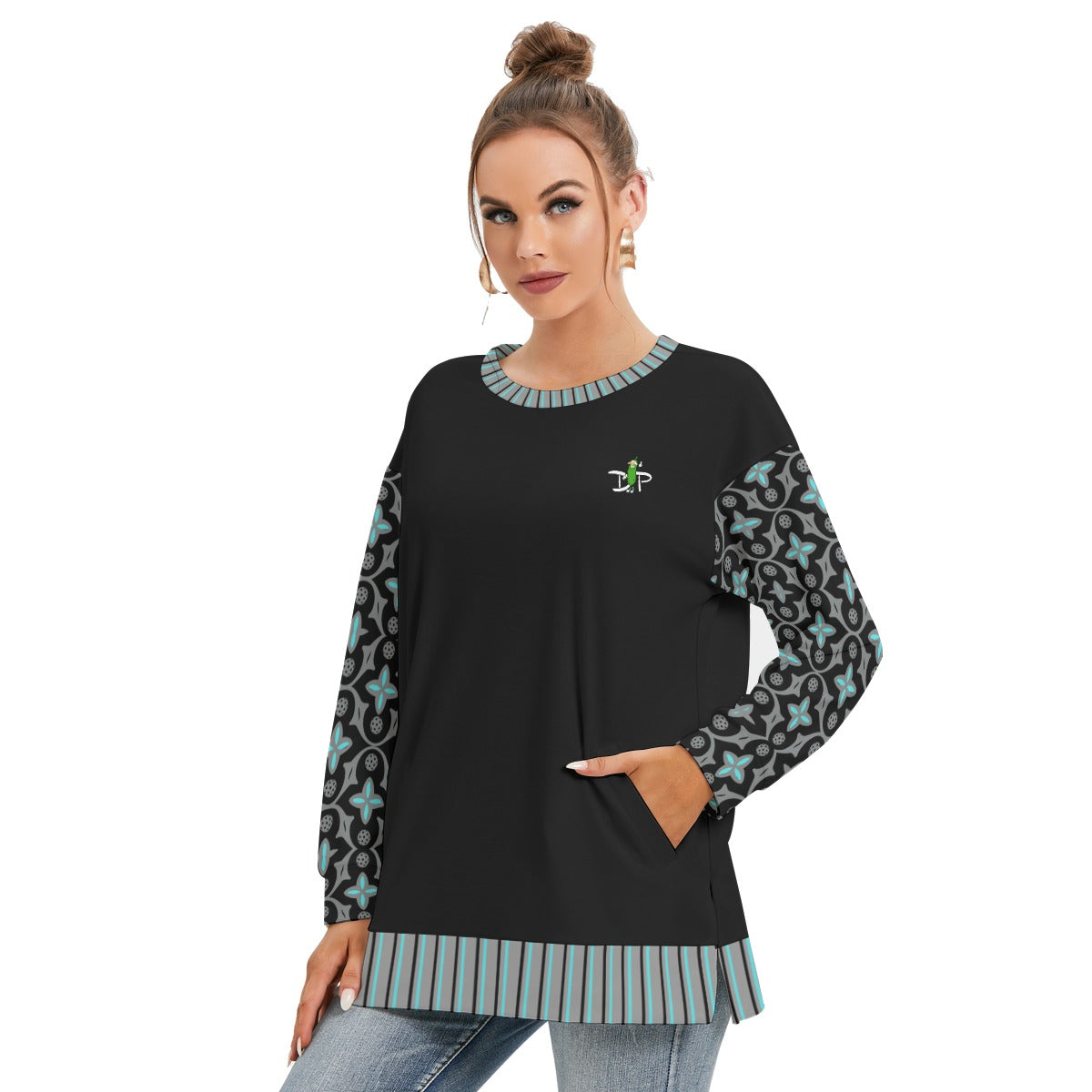 Dizzy Pickle Shelby Black Women's Pickleball Side Split O-Neck Sweatshirt