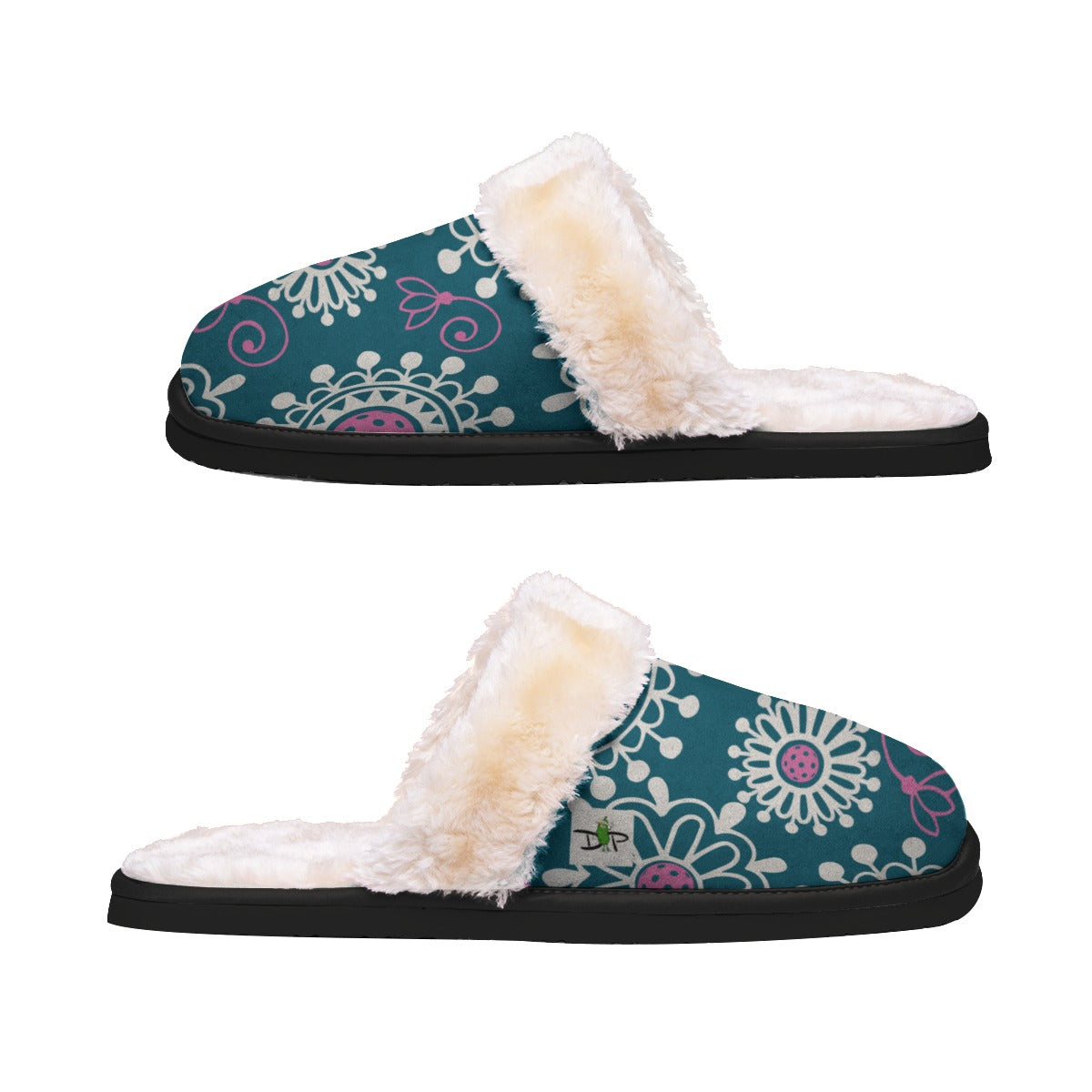 Coming Up Daisies - Peacock/Pink - Women's Pickleball Plush Slippers by Dizzy Pickle