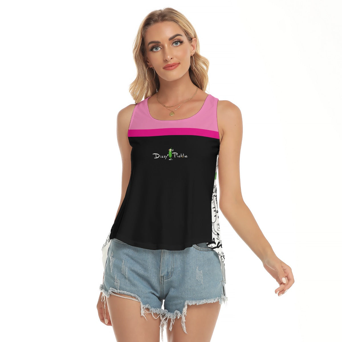 Dizzy Pickle Sassy Black Pink Women's Pickleball Open-Backed Sleeveless Tank Top