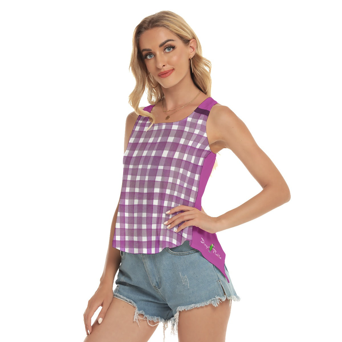 Dizzy Pickle Heidi MW Gingham/Magenta Women's Pickleball Open-Backed Tank Top