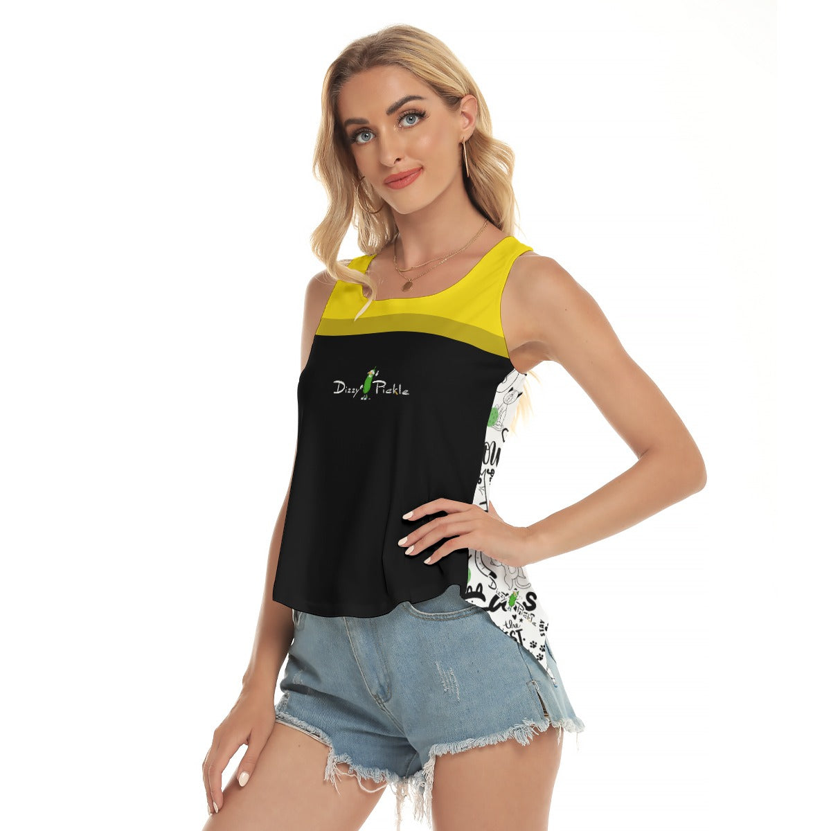 Dizzy Pickle Sassy Black Yellow Women's Pickleball Open-Backed Sleeveless Tank Top