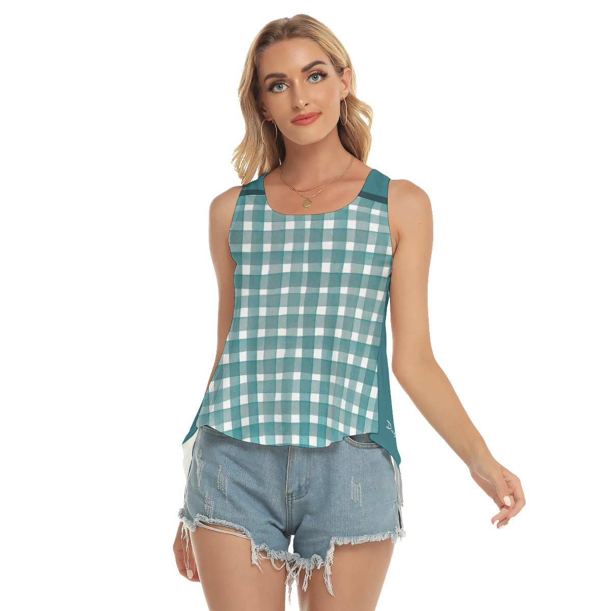 Heidi - TW - Gingham/Peacock - Pickleball Open-Backed Tank Top by Dizzy Pickle