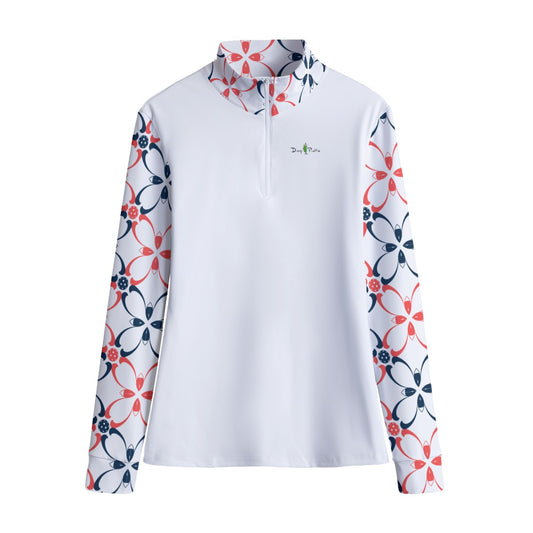 Dizzy Pickle Van White Petals Women's Pickleball Stand Up Quarter Zip Collar Jacket