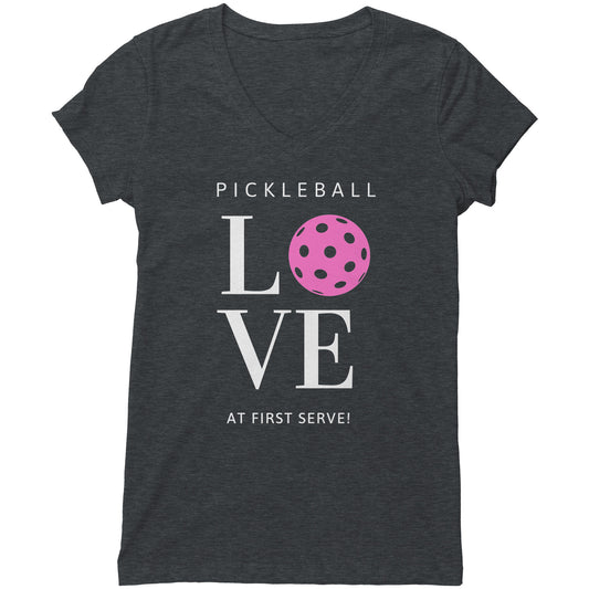 Pickleball Love at First Serve - White/Pink - Bella Women's V-Neck by Dizzy Pickle