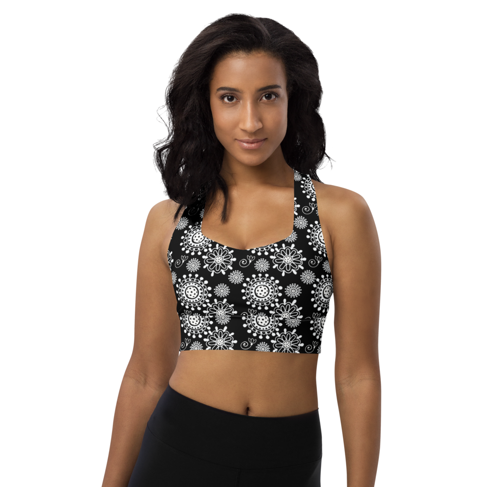 Dizzy Pickle Coming Up Daisies Black White Women's Pickleball Longline Sports Bra